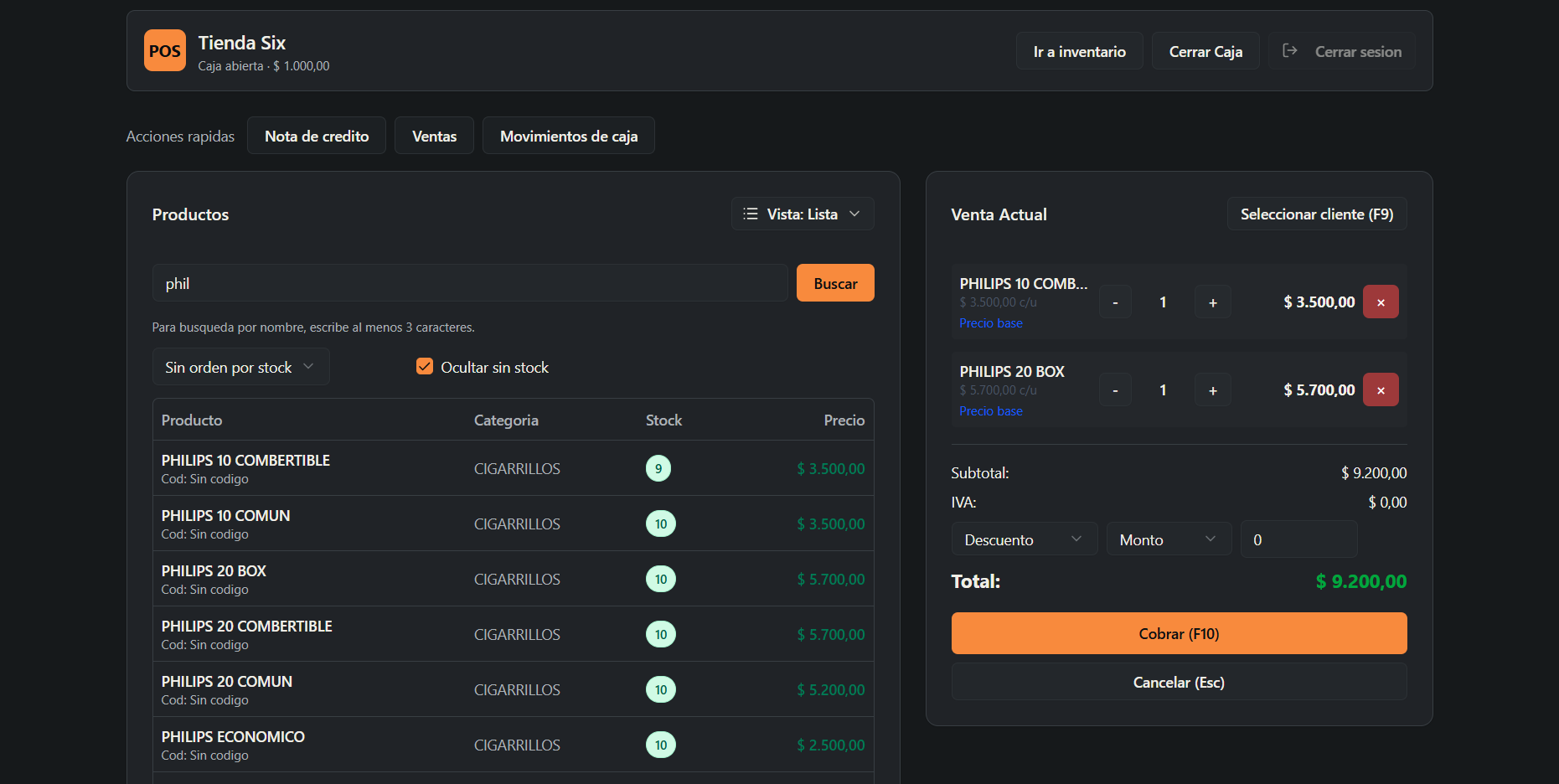 Vista del panel POS de Mango con productos, venta y resumen diario