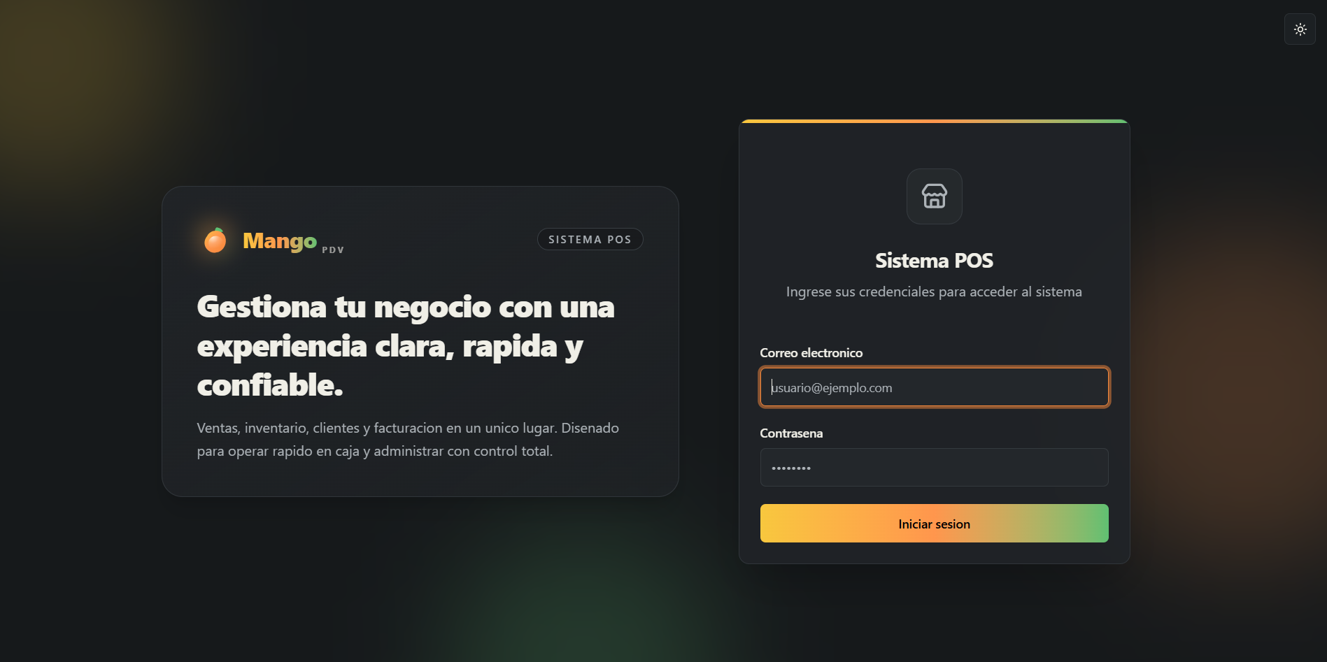 Pantalla de login de Mango PDV con identidad visual de marca.